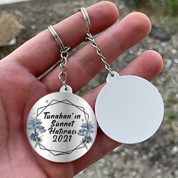 Mavi Yapraklı Geometrik Çerçeve ile Gümüş Fon Temalı Daire Plastik Anahtarlık