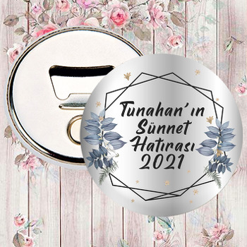 Mavi Yapraklı Geometrik Çerçeve ile Gümüş Fon Temalı Magnet Açacak