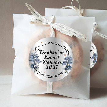 Mavi Yapraklı Geometrik Çerçeve ile Gümüş Fon Temalı Sticker