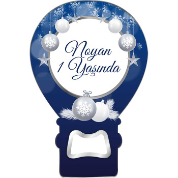 Mavi Yılbaşı Fonda Gri Süsler Temalı Balon Ahşap Magnet 