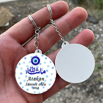 Mavi Yıldızlar ile Maşallah Sünnet Temalı Daire Plastik Anahtarlık