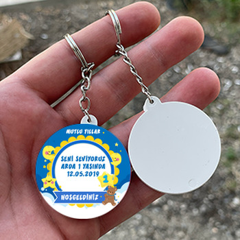 Mavi Yıldızlı Ayıcık Temalı 1 Yaş Daire Plastik Anahtarlık
