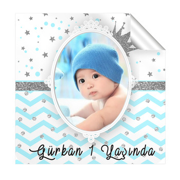 Mavi Zeminli Simli Gümüş Taç Temalı Doğum Günü  Kare Etiket