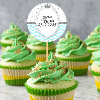 Mavi Zeminli Simli Gümüş Taç Temalı Kürdan Süs