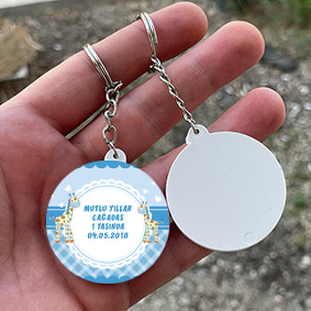 Mavi Zürafa Temalı Daire Plastik Anahtarlık