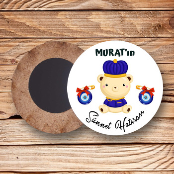 Mavili Sevimli Ayıcık ile Nazar Boncuğu Temalı Daire Ahşap Magnet