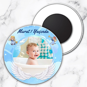 Melek Kanatlı Mavi Temalı Resimli Daire Plastik Magnet