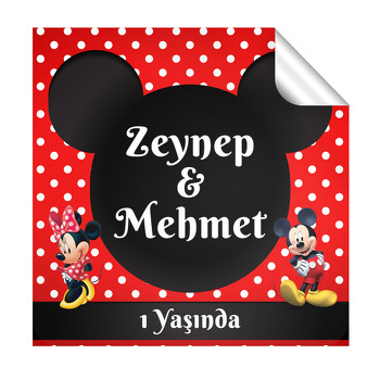 Mickey ile Minnie Mouse İkiz Temalı Kare Parti Etiket