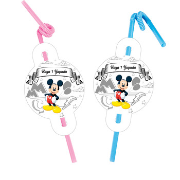 Mickey Mouse Gri Çizgisel Fon Temalı Pipet ve Kartı