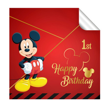 Mickey Mouse ile Gold Kırmızı Fon Temalı Kare Parti Etiket