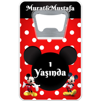 Mickey Mouse Kırmızı Fonda İkiz Temalı Dikdörtgen Magnet Açacak