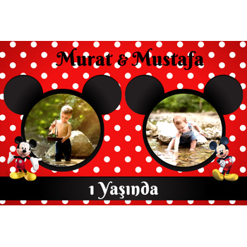 Mickey Mouse Kırmızı Fonda İkiz Temalı Doğum Günü Plastik Magnet