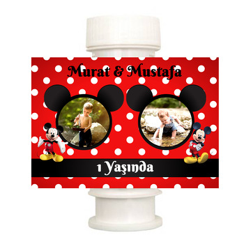 Mickey Mouse Kırmızı Fonda İkiz Temalı Köpük Baloncuk Etiketi