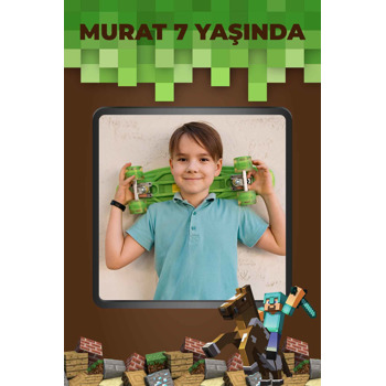 Minecraft Pixel Fon Temalı Resimli Doğum Günü Afiş