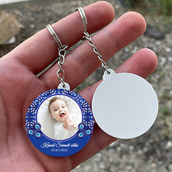 Minik Çiçekli Çini Desen ile Nazarlıklı Sünnet Temalı Daire Plastik Anahtarlık