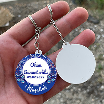 Minik Çiçekli Çini Desen ile Nazarlıklı Sünnet Temalı Daire Plastik Anahtarlık