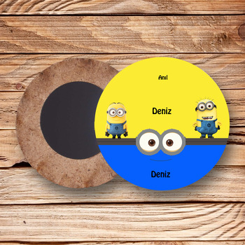 Minion Temalı Ahşap Daire Magnet
