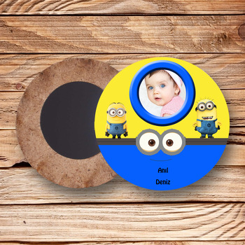 Minion Temalı Resimli Ahşap Daire Magnet