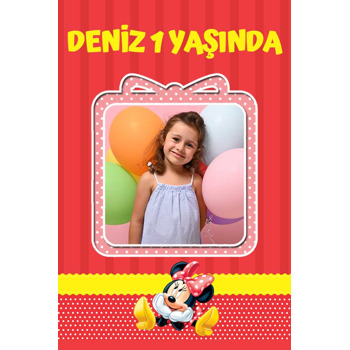 Minnie Mouse Kırmızı Puantiye Sarı Şerit Temalı Doğum Günü Magnet