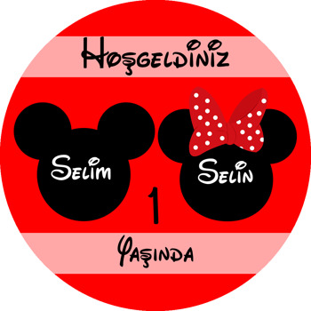 Minnie ve Mickey Mouse Temalı Kırmızı İkiz Akrilik Daire Magnet