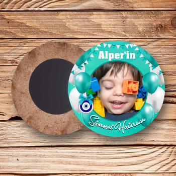 Mint Yeşili Balonlarla Flama ile Sünnet Hatırası Temalı Daire Ahşap Magnet