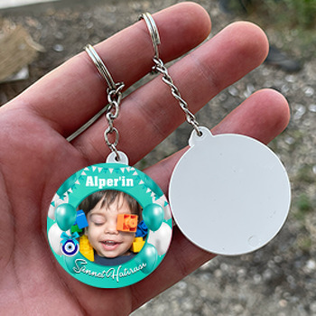 Mint Yeşili Balonlarla Flama ile Sünnet Hatırası Temalı Daire Plastik Doğum Günü Anahtarlık