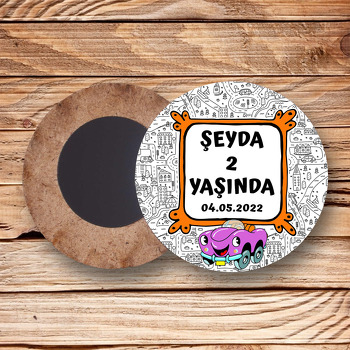 Mor Araba Temalı Daire Ahşap Magnet