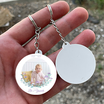 Mor Bahar Dalı ve Çiçekler Temalı Daire Plastik Anahtarlık