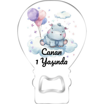 Mor Balonlu Hipopotam Temalı Balon Ahşap Magnet 