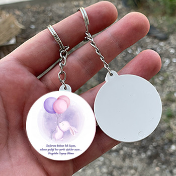Mor Balonlu Tavşan Temalı Daire Plastik Anahtarlık