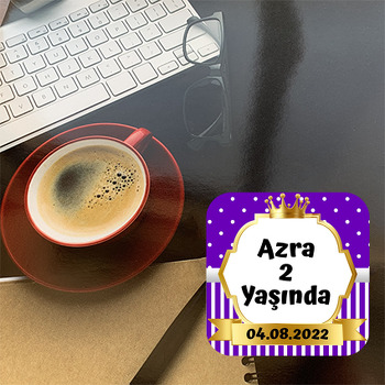 Mor Beyaz Puantiye ile Gold Çerçeve Temalı Bardak Altlığı