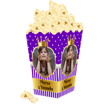 Mor Beyaz Puantiye ile Gold Çerçeve Temalı Popcorn Kutusu