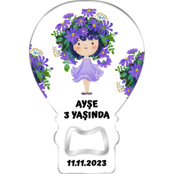 Mor Çiçek Taçlı Kız Temalı Balon Ahşap Magnet 