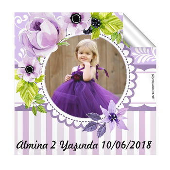 Mor Çiçek Temalı Kare Etiket