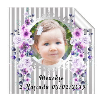 Mor Çiçek Temalı Kare Etiket