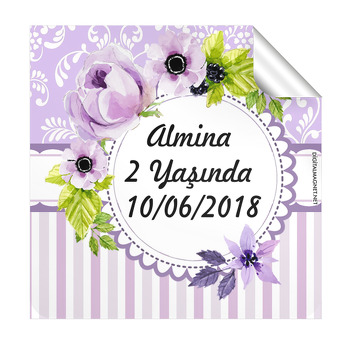 Mor Çiçek Temalı Kare Etiket