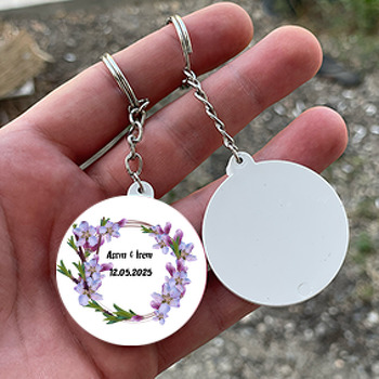 Mor Çiçek Temalı Söz Nişan Nikah Daire Plastik Anahtarlık