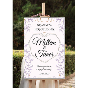 Mor Çizgisel Çiçekler ile Geometrik Kalp Çerçeve Temalı Söz Nişan Nikah Dekota Karşılama Panosu