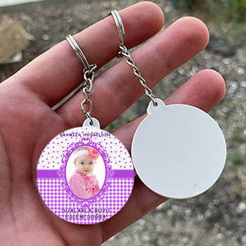 Mor Desen Temalı Daire Plastik Anahtarlık