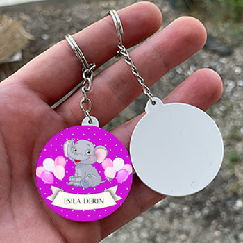 Mor Fil Temalı Daire Plastik Anahtarlık