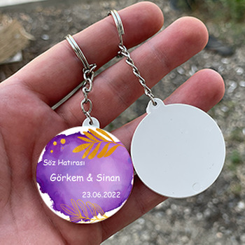 Mor Fonda Simli Gold Yapraklar Temalı Daire Plastik Anahtarlık