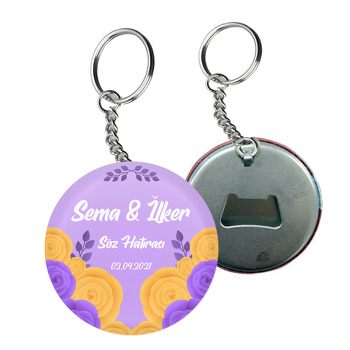Mor ile Sarı Kontrast Gül Temalı Arkası Açacak Anahtarlık