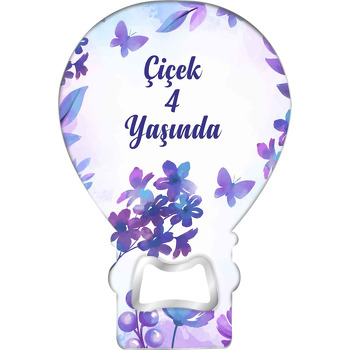 Mor Kelebek ile Rozet Çiçekler Temalı Balon Ahşap Magnet 