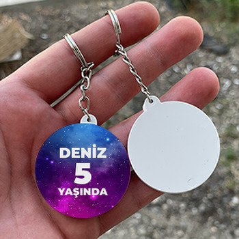 Mor Mavi Galaxy Fon Temalı Daire Plastik Doğum Günü Anahtarlık