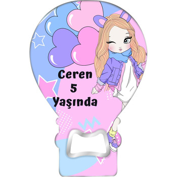 Mor Pembe Balonlar ile Genç Kız Temalı Balon Ahşap Magnet 