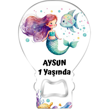 Mor Saçlı Deniz Kızı ile Balık Temalı Balon Ahşap Magnet 