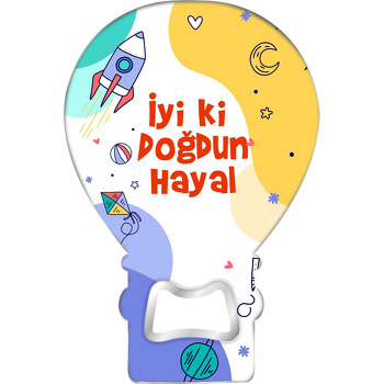 Mor Sarı Yeşil Fonda Kalem Roket Temalı Balon Ahşap Magnet 