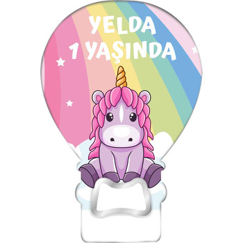 Mor Unicorn ile Gökkuşağı Fon Temalı Balon Ahşap Magnet 