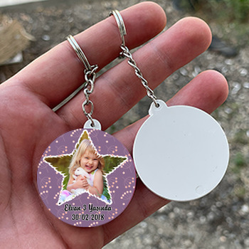 Mor Yıldız Çerçeve Temalı Resimli Daire Plastik Anahtarlık