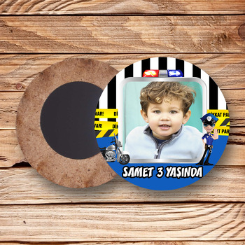 Motorlu Polis Temalı Resimli Ahşap Daire Magnet